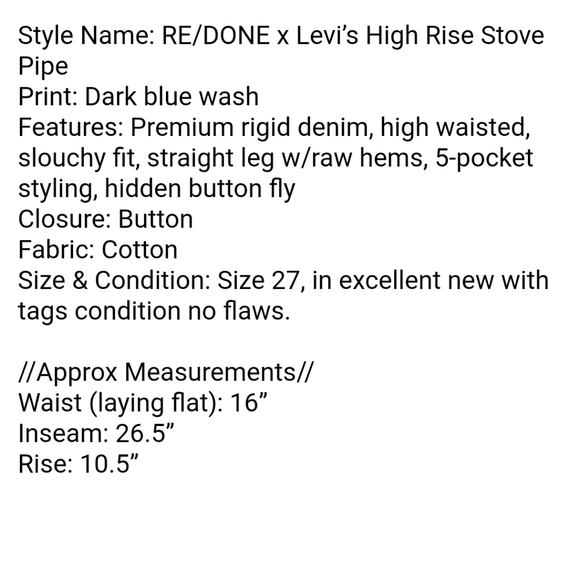 SOLD LEVI'S X Re/Done High Rise Stovepipe - Picture 3 of 10